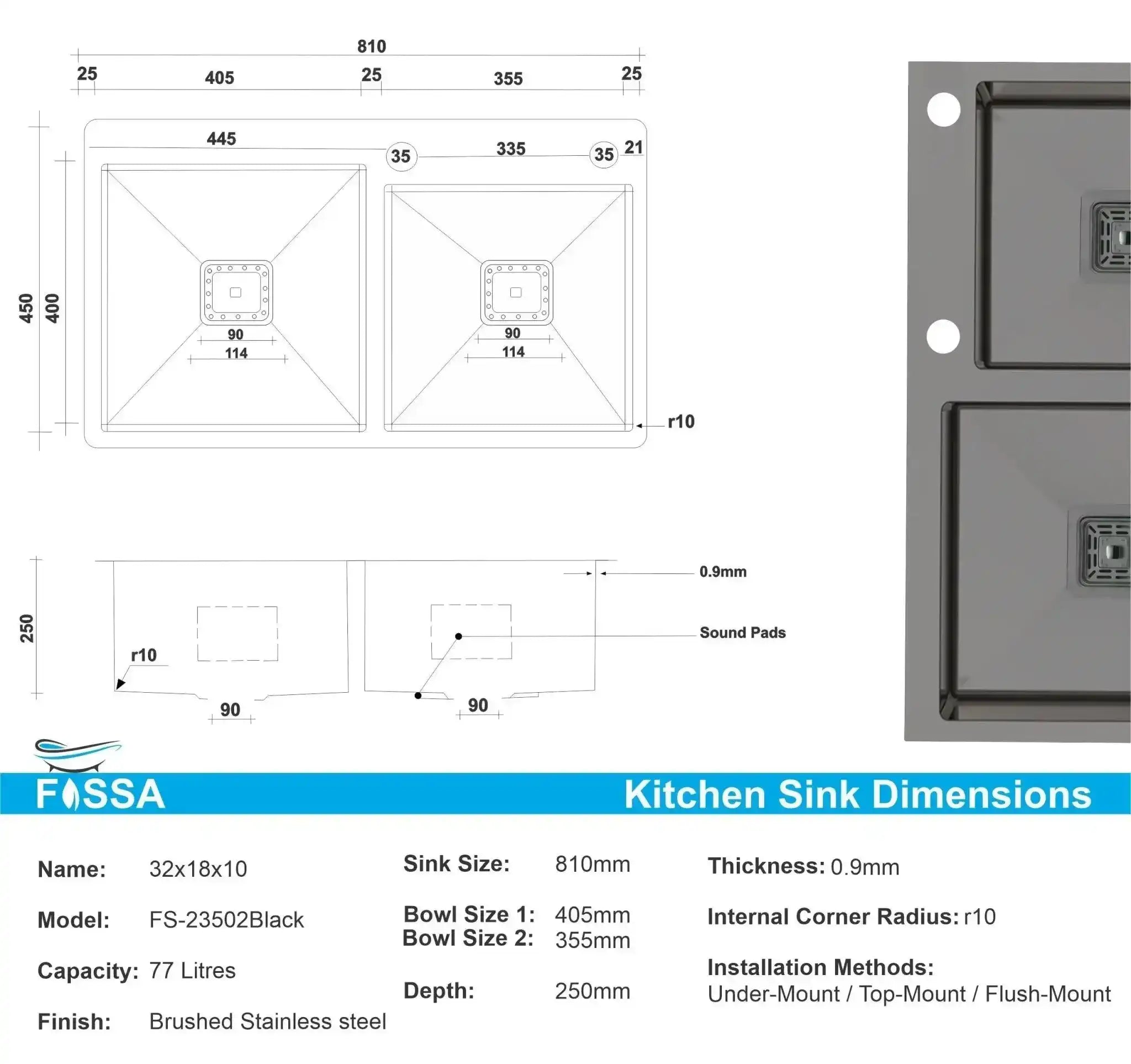 Fossa 32"x18"x10" Inch Double Bowl with Single Tap Hole Premium Handmade Kitchen Sink Black Fossa Home