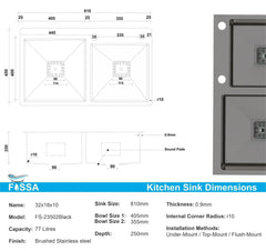 Fossa 32"x18"x10" Inch Double Bowl with Single Tap Hole Premium Handmade Kitchen Sink Black Fossa Home