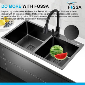 Premium Handmade (32"x18"x10) Inch Stainless Steel Double Bowl Black Kitchen Sink With Tap Hole - Fossa Home