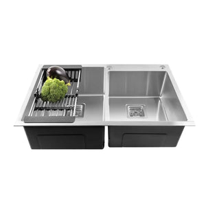 Premium Handmade (32"x18"x10) Inch Stainless Steel Double Bowl Silver Kitchen Sink With Tap Hole - Fossa Home
