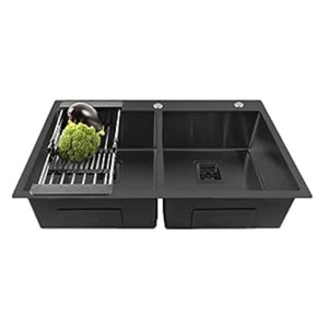 Premium Handmade (32"x18"x10") Inch Stainless Steel Double Bowl Black Kitchen Sink With Tap Hole - Fossa Home