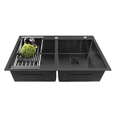 Fossa 32"x18"x10" Inch Double Bowl With Tap Hole Premium Handmade Kitchen Sink Black Fossa Home
