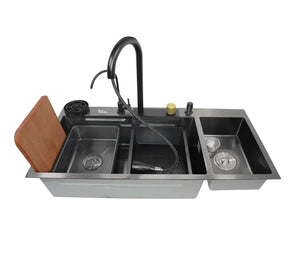 Fossa 37"x18"x09" Double Bowl 304 Grade Waterfall Kitchen Sink Honeycomb Embossed Sink with Black Nano Coating, Stainless Steel, Rectangular Workstation, Faucet with Included All Accessories. (Black) Fossa Home