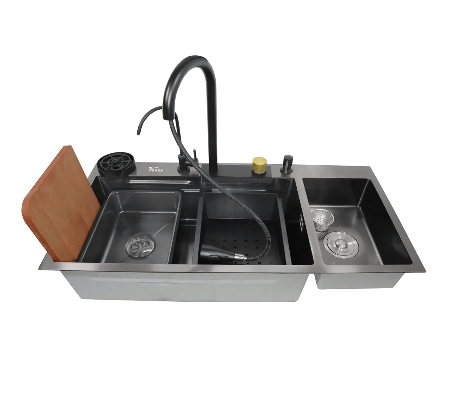 Fossa 37"x18"x09" Premium Double Bowl Waterfall Kitchen Sink Honeycomb Embossed Sink with Black Nano Coating, Stainless Steel, Rectangular Workstation, Faucet with Included All Accessories. (Black) Fossa Home