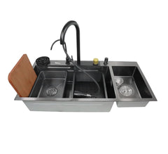 Fossa 37"x18"x09" Premium Double Bowl Waterfall Kitchen Sink Honeycomb Embossed Sink with Black Nano Coating, Stainless Steel, Rectangular Workstation, Faucet with Included All Accessories. (Black) Fossa Home