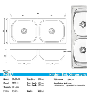 Fossa 37"x18"x10" inch Double Bowl 304 Grade Stainless Steel Kitchen Sink With SS Coupling Glossy Finish Fossa Home