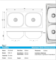 Fossa 37"x18"x10" inch Double Bowl 304 Grade Stainless Steel Kitchen Sink With SS Coupling Glossy Finish Fossa Home