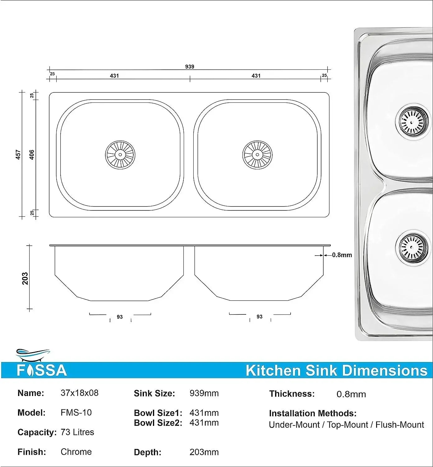 Fossa 37"x18"x10" inch Double Bowl Premium Stainless Steel Kitchen Sink With SS Coupling Glossy Finish Fossa Home