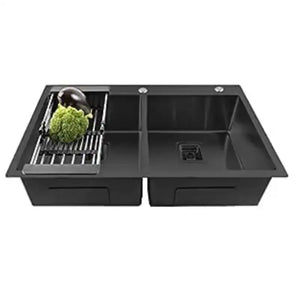 Fossa 37"x18"x10" Inch Double Bowl With Tap Hole Premium Stainless Steel Handmade Kitchen Sink Matte Finish Black Fossa Home