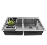 Fossa 37"x18"x10" Inch Double Bowl With Tap Hole Premium Stainless Steel Handmade Kitchen Sink Matte Finish Silver Fossa Home