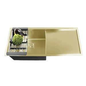 Premium gold Single Bowl with Drain Board Handmade Kitchen Sink (37"x18"x10) - Fossa Home