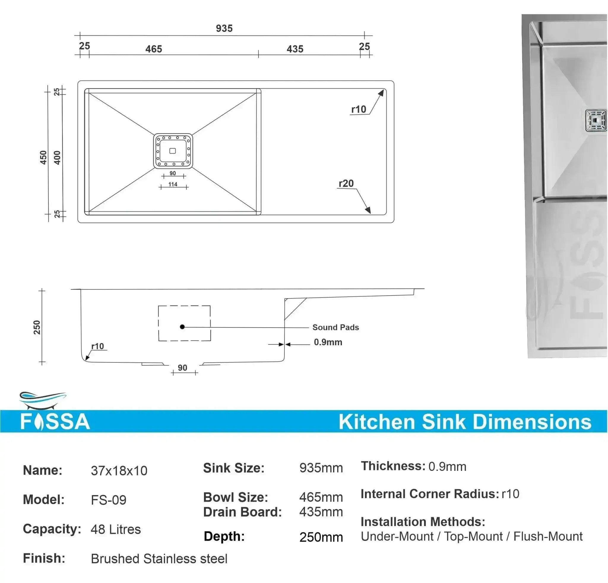 FOSSA 37"x18"x10" Inch Single Bowl With Drain Board Premium Handmade Kitchen Sink Silver Fossa Home