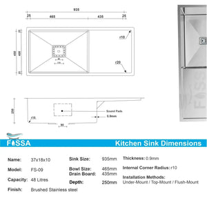 Premium silver Single Bowl with Drain Board Handmade Kitchen Sink (37"x18"x10) - Fossa Home