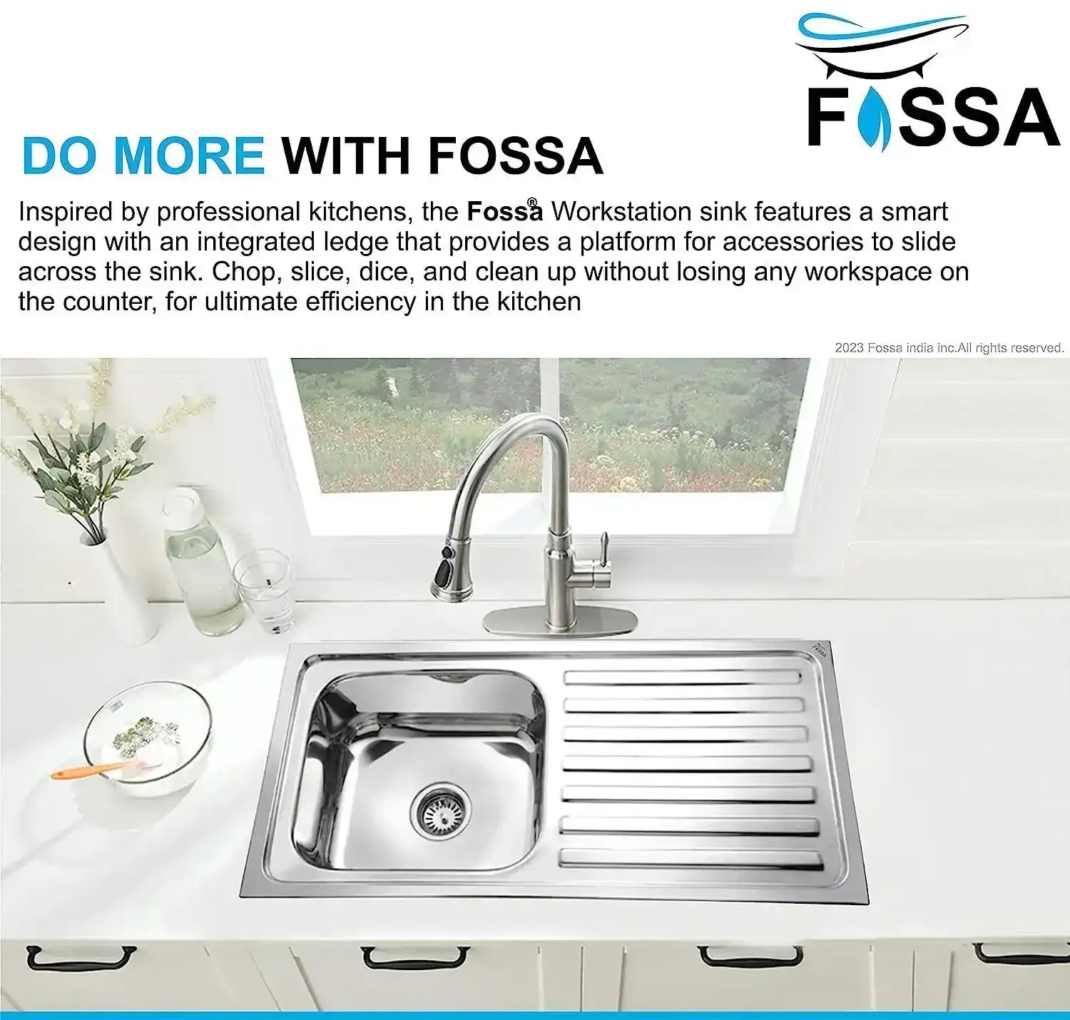 Fossa 37"x18"x10" inch Single Bowl With Drain Board Premium Stainless Steel Kitchen Sink With SS Coupling Glossy Finish Fossa Home