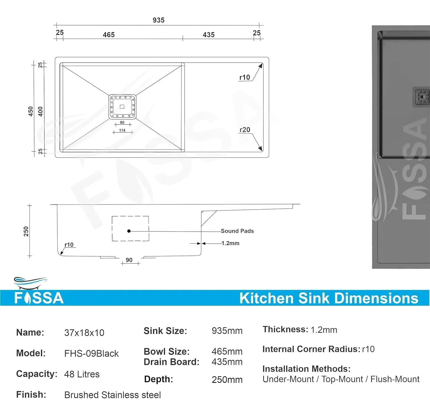 Fossa 37"x18"x10" Inch Single Bowl With Drain Board SS-304 Grade Handmade Kitchen Sink Black Fossa Home