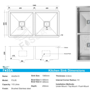 Premium Handmade (42x 20x 10) inch Double Bowl Silver Stainless Steel Kitchen Sink - Fossa Home