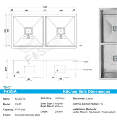 Fossa 42"x20"x10" Inch Double Bowl Premium Handmade Kitchen Sink Matte Finish Silver Fossa Home