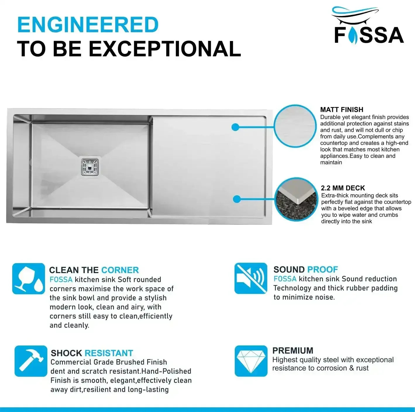 Premium silver Single Bowl with Drain Board Handmade Kitchen Sink (42"x20"x10) - Fossa Home