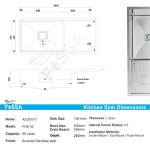 304 silver Single Bowl with Drain Board Handmade Kitchen Sink (42"x20"x10) - Fossa Home