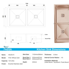 Fossa 45"x20"x10" Inch Double Bowl 304 Grade Handmade Kitchen Sink Rose Gold Fossa Home