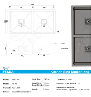 Fossa 45"x20"x10" Inch Double Bowl Premium Handmade kitchen Sink Stainless Steel Black Fossa Home