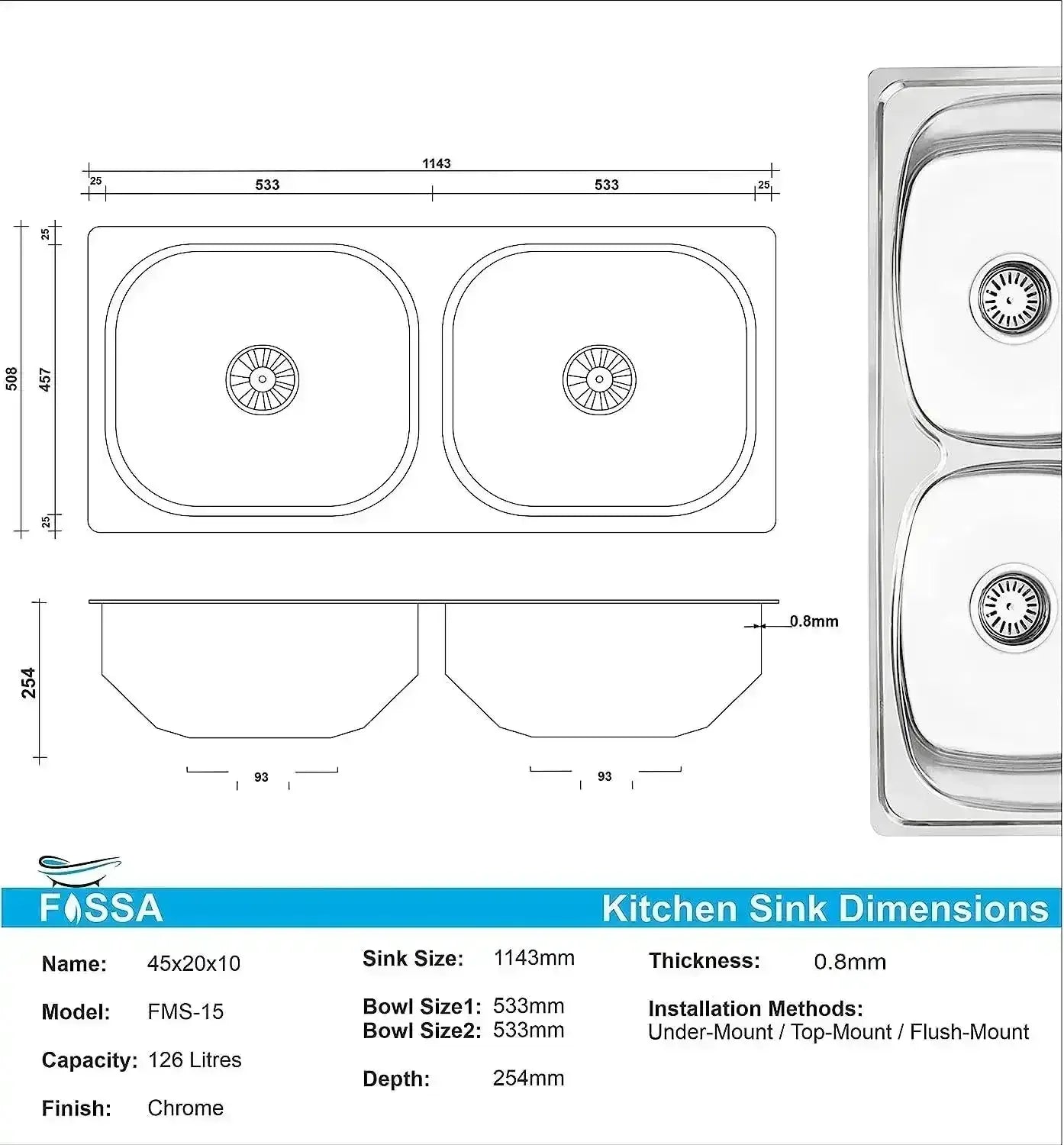 Premium (45 x 20 x 10) Inch Double Bowl Indian Kitchen Sink Glossy Finish - Fossa Home