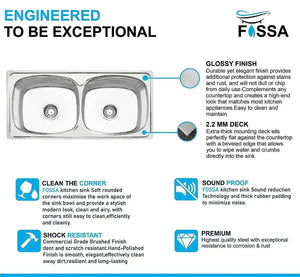 Fossa 45"x20"x10" inch Double Bowl 304 Grade Stainless Steel Kitchen Sink With SS Coupling Glossy Finish Fossa Home