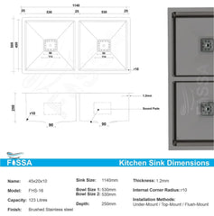 Fossa 45"x20"x10" Inch Double Bowl SS-304 Grade Handmade kitchen Sink Stainless Steel Black Fossa Home
