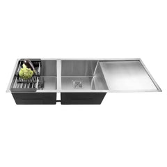 Fossa 45"x20"x10" Inch Double Bowl With Drain Board Premium Stainless Steel Handmade Kitchen Sink Matte Finish Fossa Home