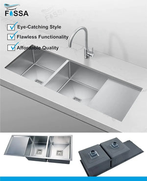 Fossa 45"x20"x10" Inch Double Bowl With Drain Board SS-304 Grade Stainless Steel Handmade Kitchen Sink Matte Finish Silver Fossa Home