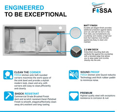Fossa 45"x20"x10" Inch Double Bowl With Single Tap Hole Prremium Stainless Steel Handmade Kitchen Sink Matte Finish Silver Fossa Home