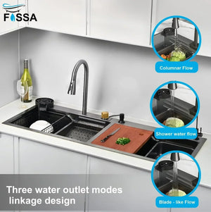 304 black Stainless Steel Smart Waterfall Kitchen Sink (47"x18"x10") - Fossa Home