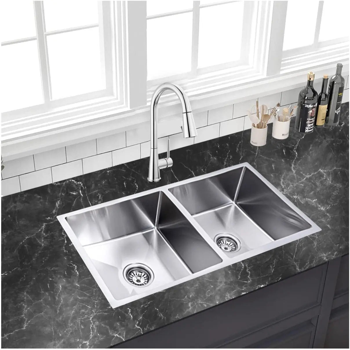 Fossa Premium Stainless Steel Handmade 37"x18"x10" Double Bowl Round Coupling Kitchen Sink Matte Finish Included Strainer-Basket,Sink Coupling,Waste Pipe Fossa Home
