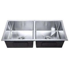 Fossa Premium Stainless Steel Handmade 37"x18"x10" Double Bowl Round Coupling Kitchen Sink Matte Finish Included Strainer-Basket,Sink Coupling,Waste Pipe Fossa Home