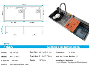 Premium black Stainless Steel Smart Waterfall Kitchen Sink (47"x18"x10") - Fossa Home