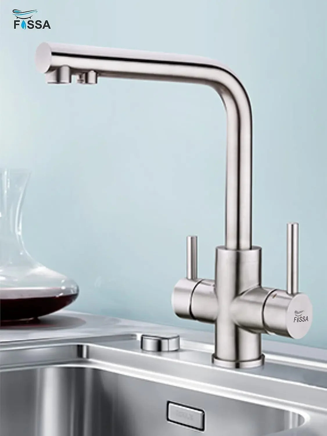 Fossa 3 Way Kitchen Mixer Taps with Drinking Water Filter Tap, Solid Stainless Steel Dual Handle Cold and Hot Water Kitchen Mixer ( Silver ) Fossa Home