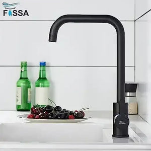 Single-Flow L Bend 360° Hot & Cold Brass Stainless Steel Kitchen Mixer Faucet Black - Fossa Home