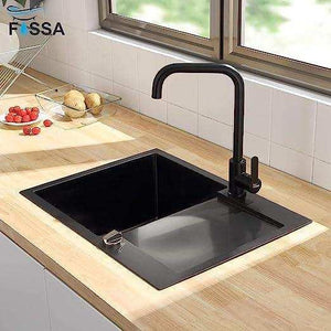 Single-Flow L Bend 360° Hot & Cold Brass Stainless Steel Kitchen Mixer Faucet Black - Fossa Home
