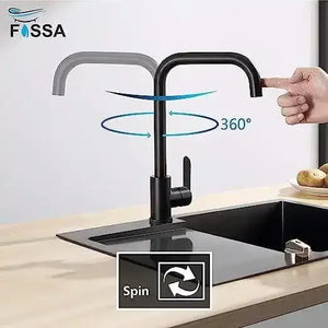 Single-Flow L Bend 360° Hot & Cold Brass Stainless Steel Kitchen Mixer Faucet Black - Fossa Home