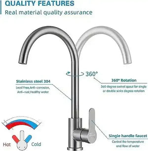 Single-Flow J Bend 360° Hot & Cold Brass Stainless Steel Kitchen Mixer Faucet Silver - Fossa Home