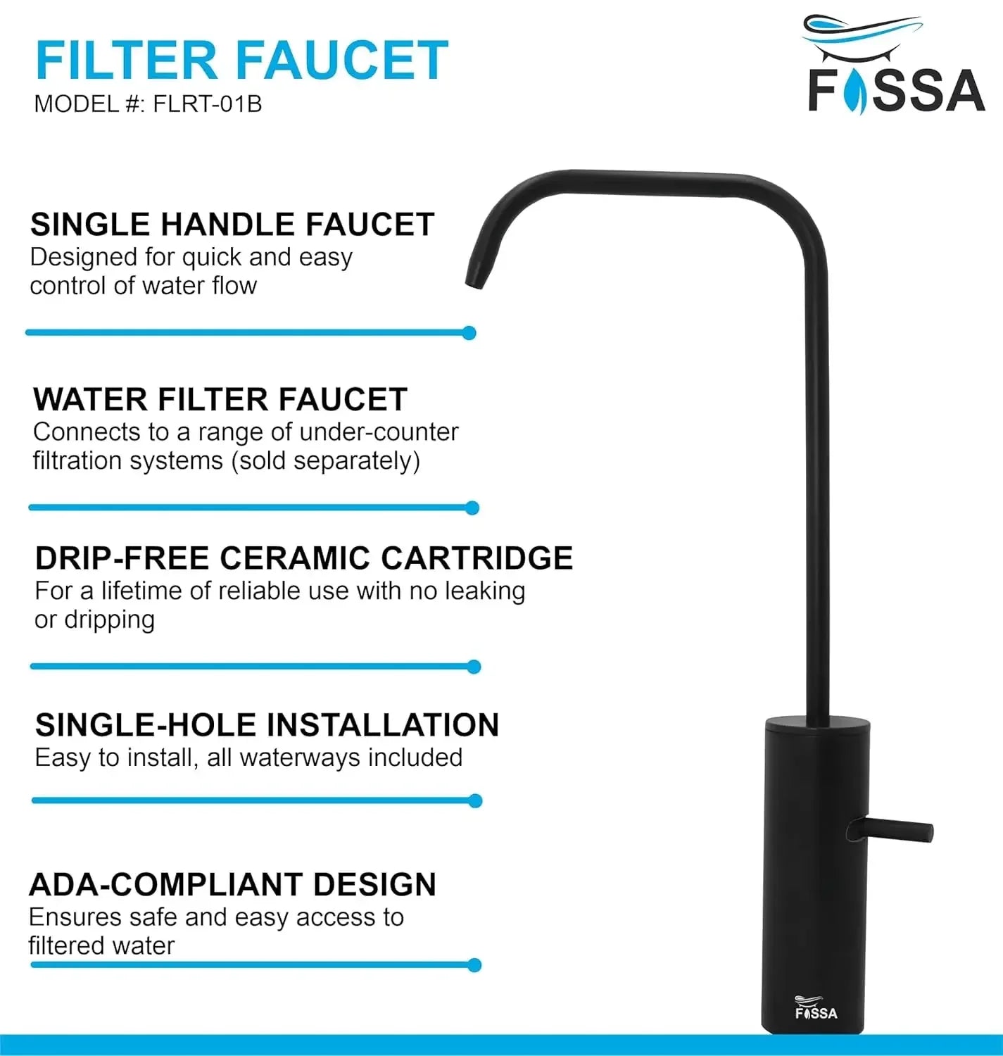 Fossa Opera L Bend RO Tap Kitchen Water Filter Faucet, 100% Lead-Free Drinking Water Faucet Stainless Steel Brushed Nickel Finish (Black) Fossa Home