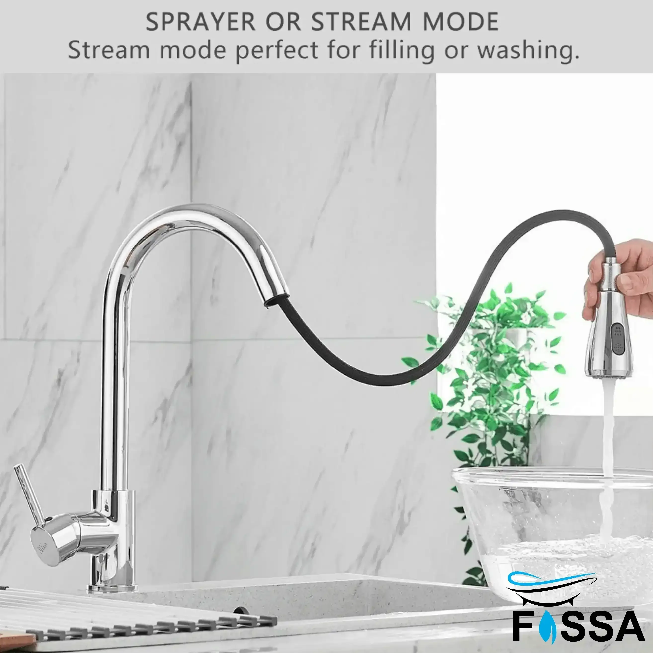 Dual-Flow Pull-Out 360° Hot & Cold Stainless Steel Kitchen Mixer Faucet Chrome Light Weight - Fossa Home
