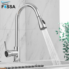 Fossa Kitchen Sink Mixer Tap with Pull Down Sprayer, Single Handle High Pull Out Kitchen Taps, Single Level Stainless Steel Chrome ( Light Weight ) Fossa Home