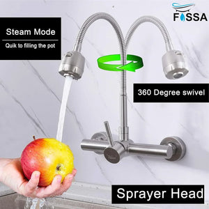 Dual-Flow Wall-Mount 360° Hot & Cold Kitchen Mixer Faucet Silver - Fossa Home