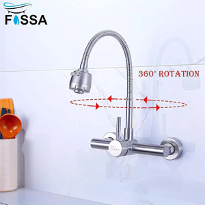 Dual-Flow Wall-Mount 360° Hot & Cold Kitchen Mixer Faucet Silver - Fossa Home