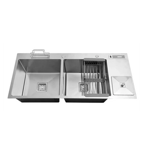 Premium 45 x 20 x 10 Inch Double Bowl Handmade Kitchen Sink with Dustbin,Silver Stainless Steel - Fossa Home
