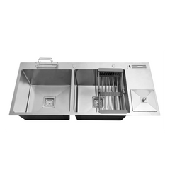 Fossa 45"x20"x10" Inch Double Bowl With Dustbin Stainless Steel Handmade Kitchen Sink Matte Finish Fossa Home