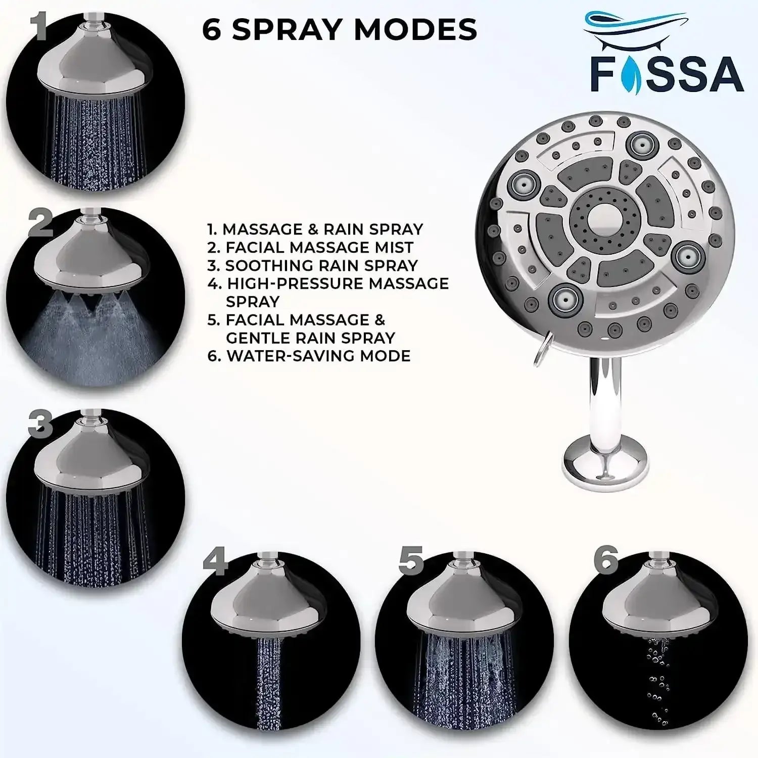 Fixed ( 5 Inches ) 304- Grade 6 Spray Settings Stainless Steel Silver Finish Overhead Shower( Arm 9 Inch ) - Fossa Home