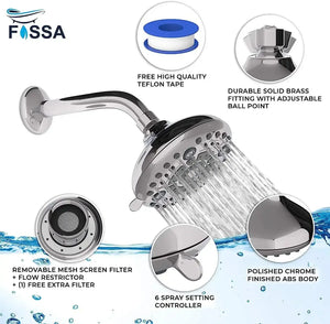 Fixed ( 5 Inches ) 304- Grade 6 Spray Settings Stainless Steel Silver Finish Overhead Shower( Arm 9 Inch ) - Fossa Home
