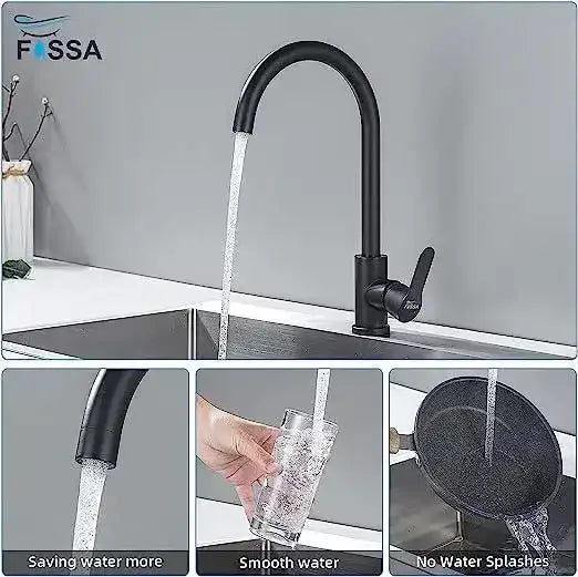 Single-Flow J Bend 360° Hot & Cold Brass Stainless Steel Kitchen Mixer Faucet Black - Fossa Home